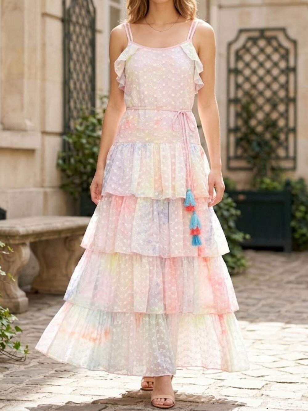 Fairycore Cottagecore Rainbow Tiered Ruffle Maxi Dress Sheer  S